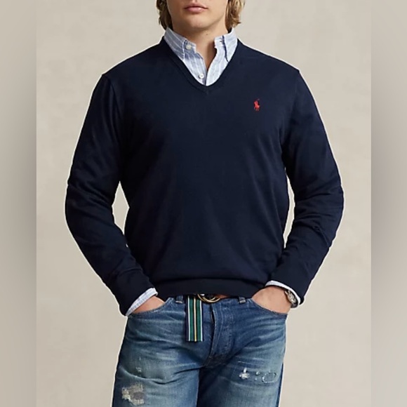 Polo by Ralph‎ Lauren Men’s Large 100% Pima Cotton Navy V-Neck Pullover Sweater - Picture 1 of 12